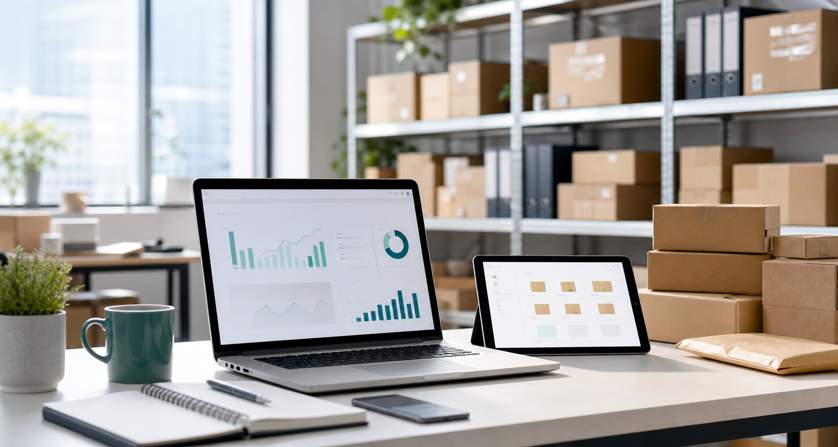 E-commerce operations desk with analytics screens, parcels, and workspace equipment